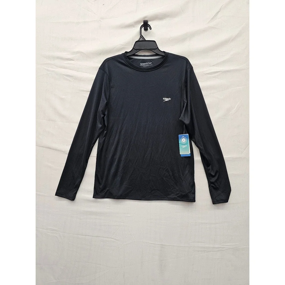 Speedo Mens Long Sleeve Rash Guard Shirt Black Polyester Athletic Size Small